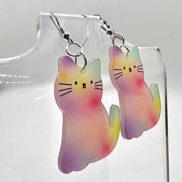 Tye Dye Kitty Cat Earrings - Pastel Earrings - Kitten Earrings - Picture 2 of 10